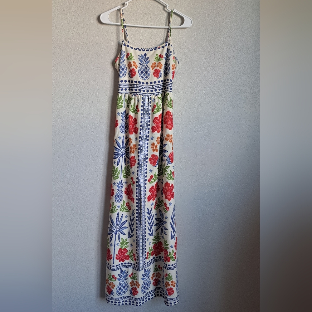 Colorful Tropical Floral Open Back Linen Blend Maxi Dress Size Small